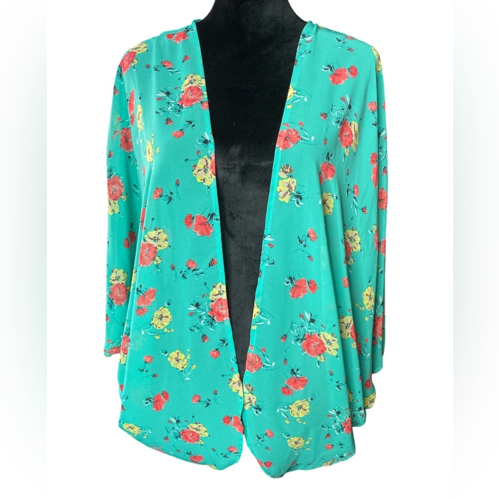 Charming Charlie Sheer Teal & Pink Floral Print Cover Up/ Cardigan/Kimono